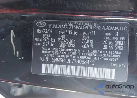 2007 Hyundai Santa Fe Limited/Se z USA, uszkodzony, nr VIN 5NMSH13E77H088442